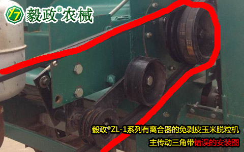 毅政牌ZL1系列有離合器的免剝皮玉米脫粒機，主傳動三角帶錯誤安裝